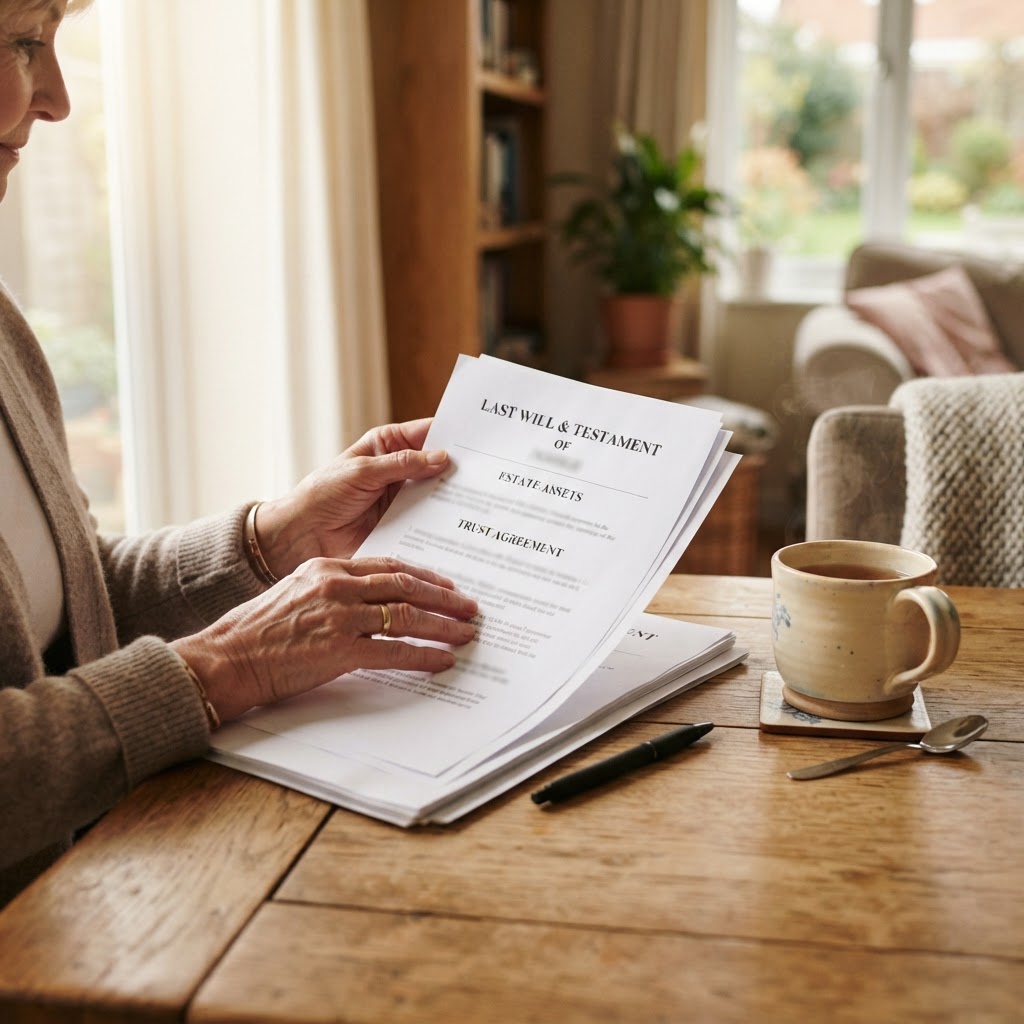 Hands holding estate documents with a cup of tea