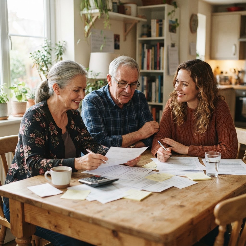 A family reviewing paperwork together around the kitchen table