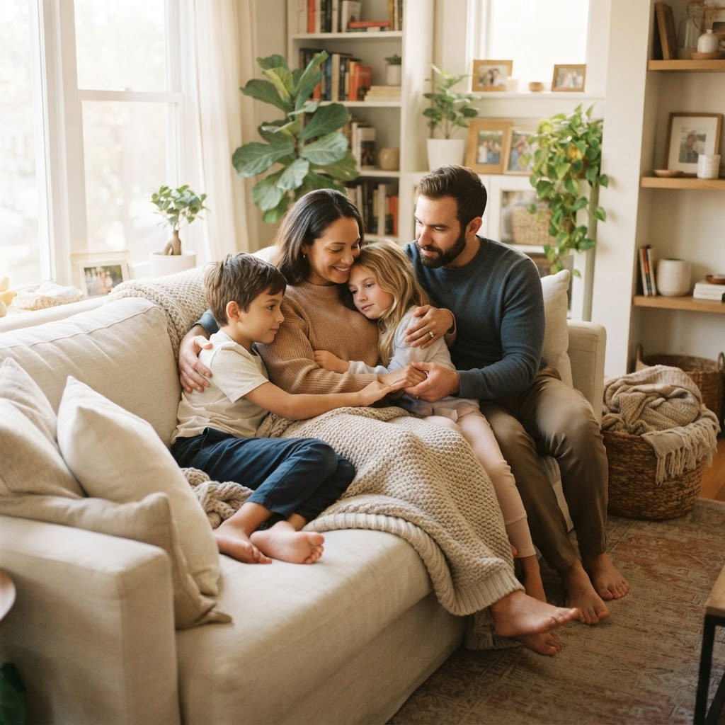 A family comforting each other in a warm living room
