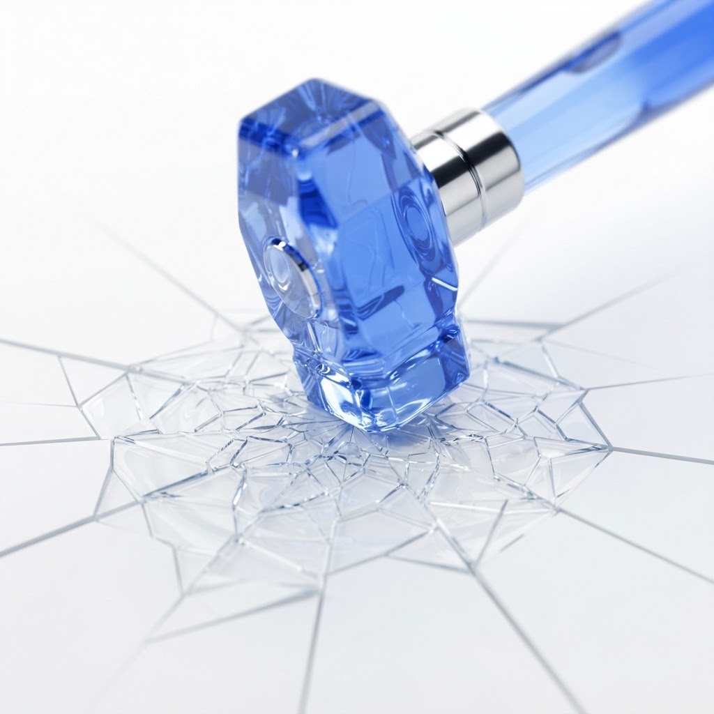 Crystalline blue glass hammer striking a white surface with geometric ripples