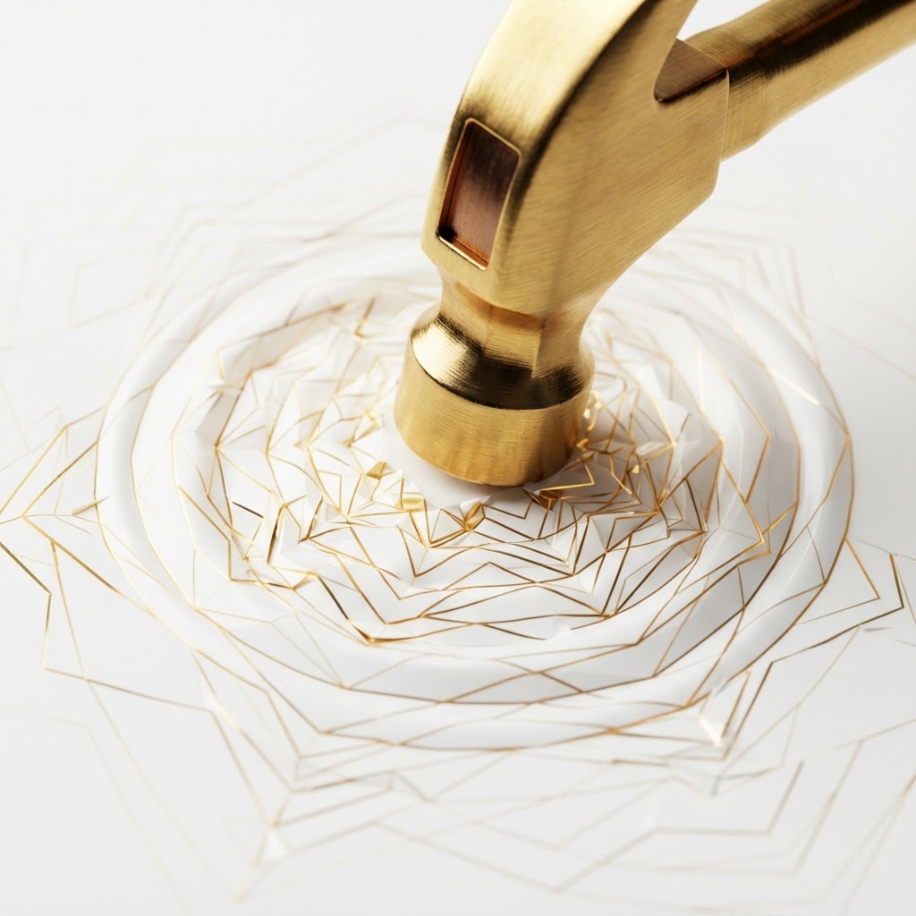 Polished gold hammer striking a white surface with golden ripples