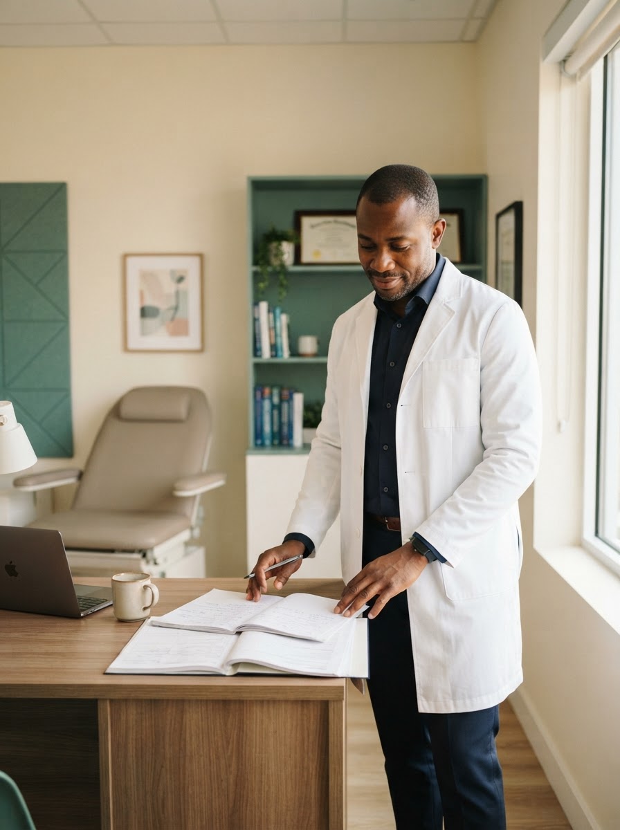 Dr Innocent Mukama reviewing patient notes in a modern consulting room
