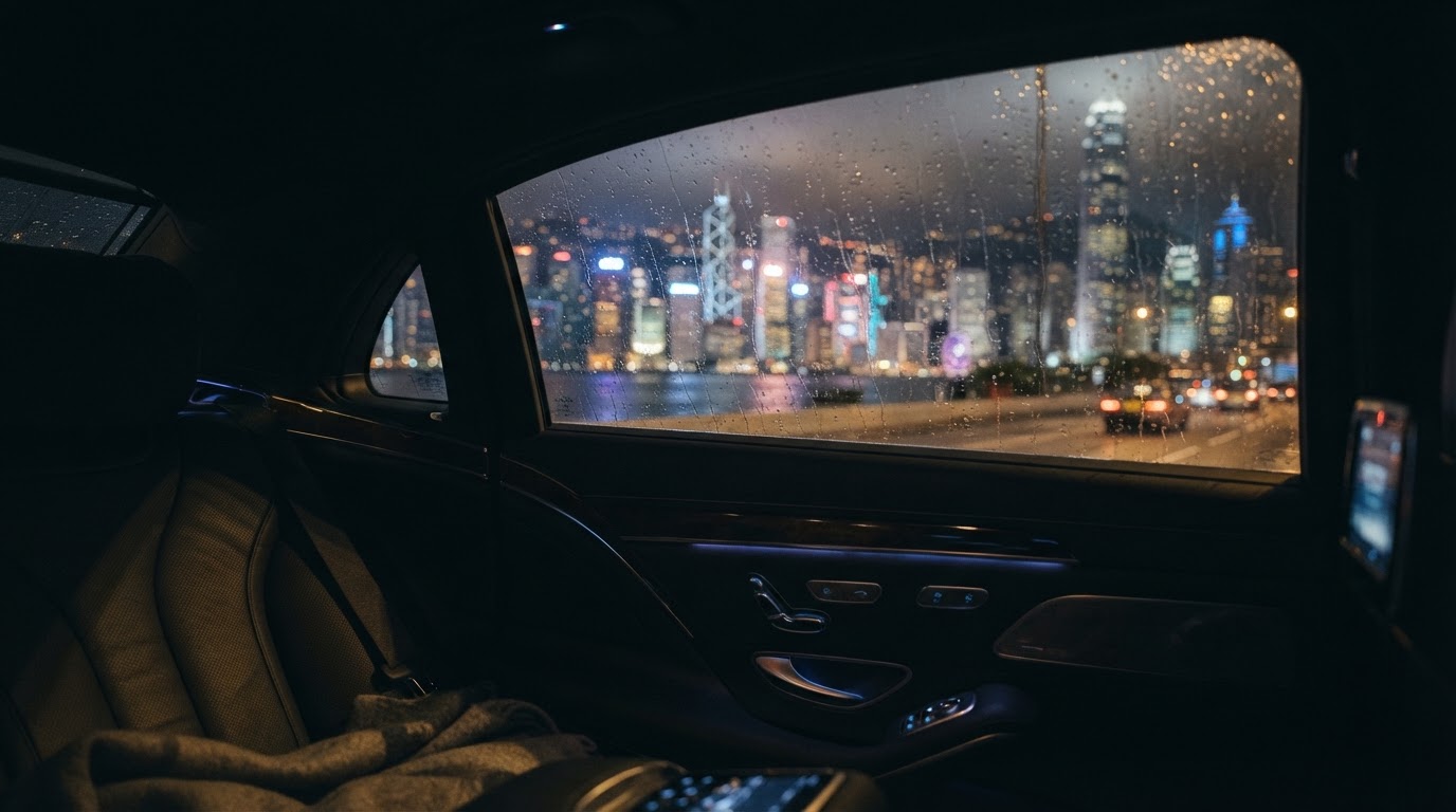 View from the backseat of a Youchi limousine through a rain-streaked window at a night skyline