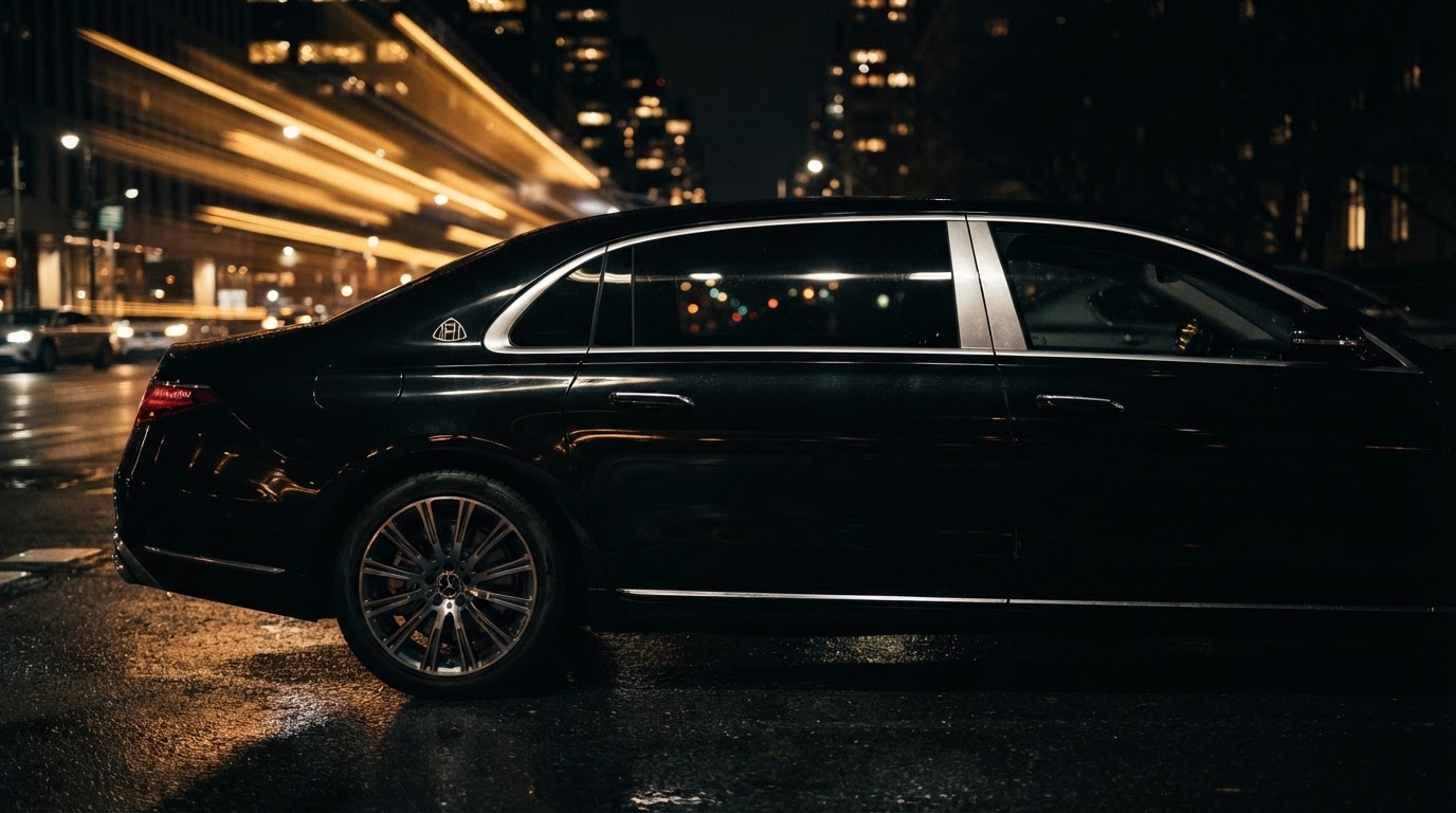 Black luxury Youchi sedan at night with golden city light trails