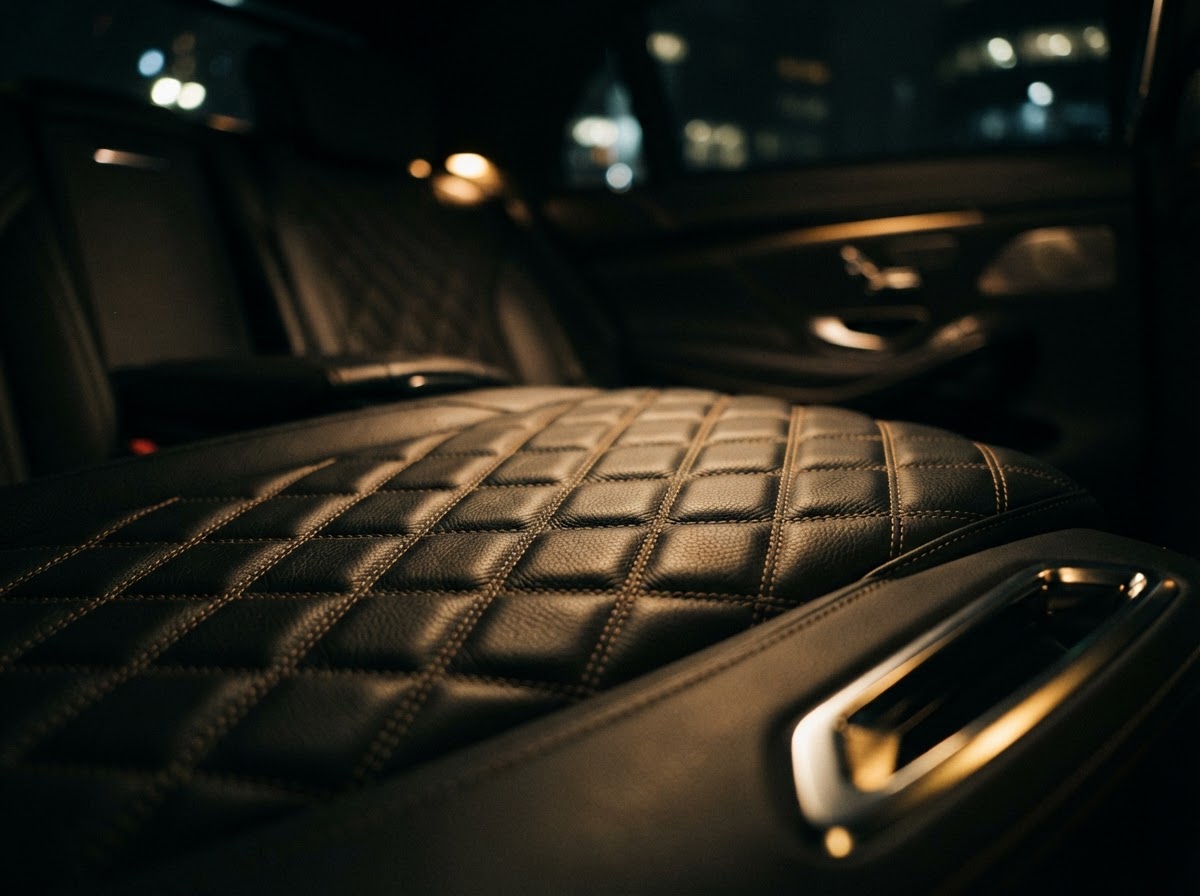 Close-up of quilted black leather Youchi interior with ambient golden lighting