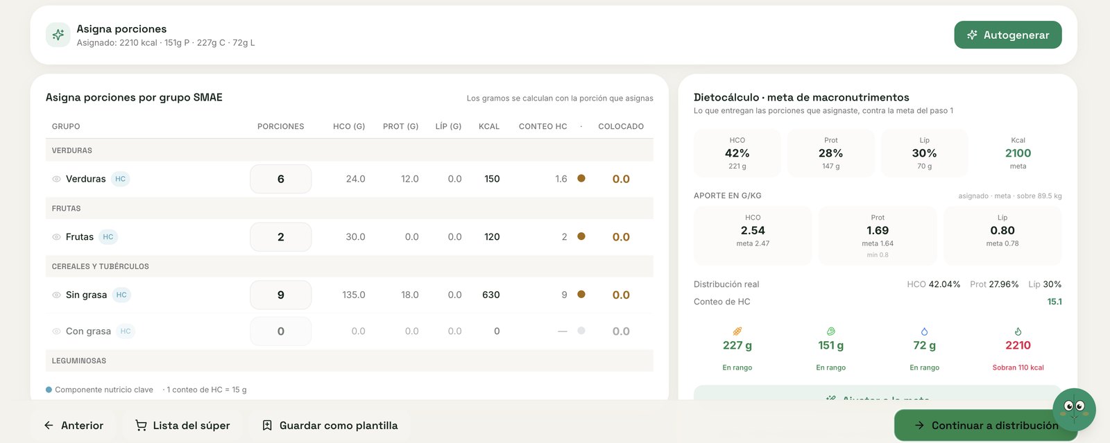 Tabla de asignación de porciones por grupo SMAE con la meta de macronutrimentos al lado