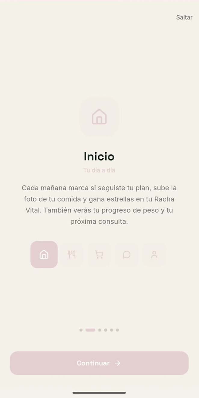 Portal del paciente en el celular con su racha vital, meta semanal y logros