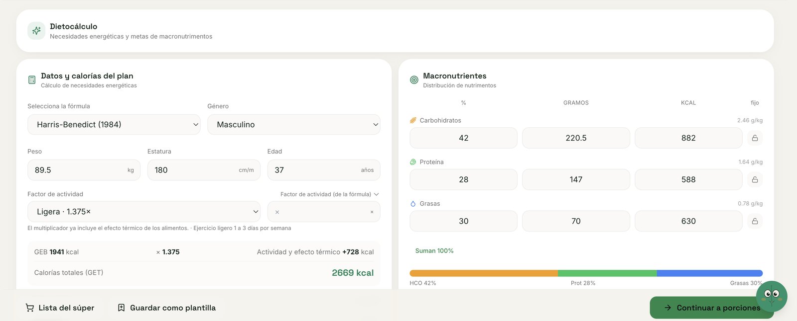 Pantalla de dietocálculo con fórmula, factor de actividad y distribución de macronutrimentos