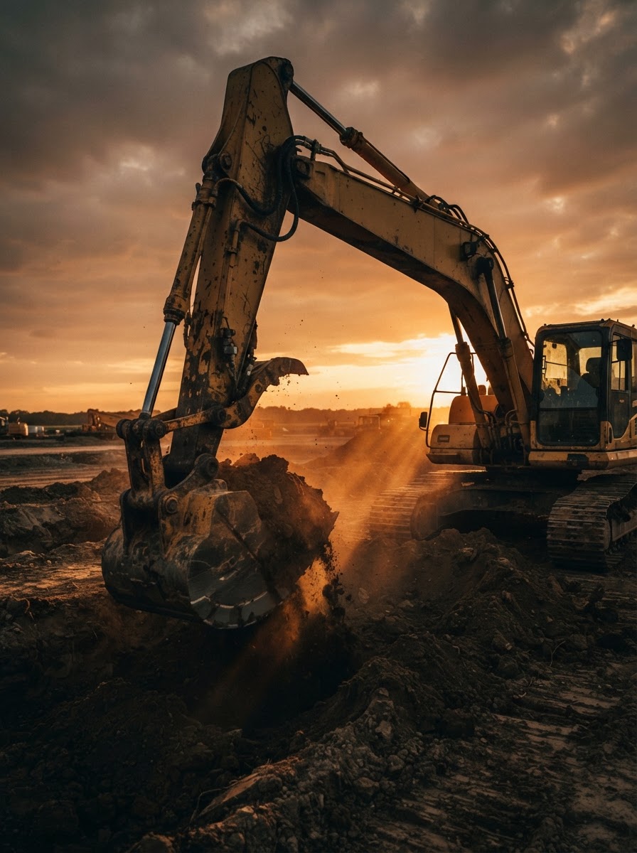 Excavator digging at golden hour