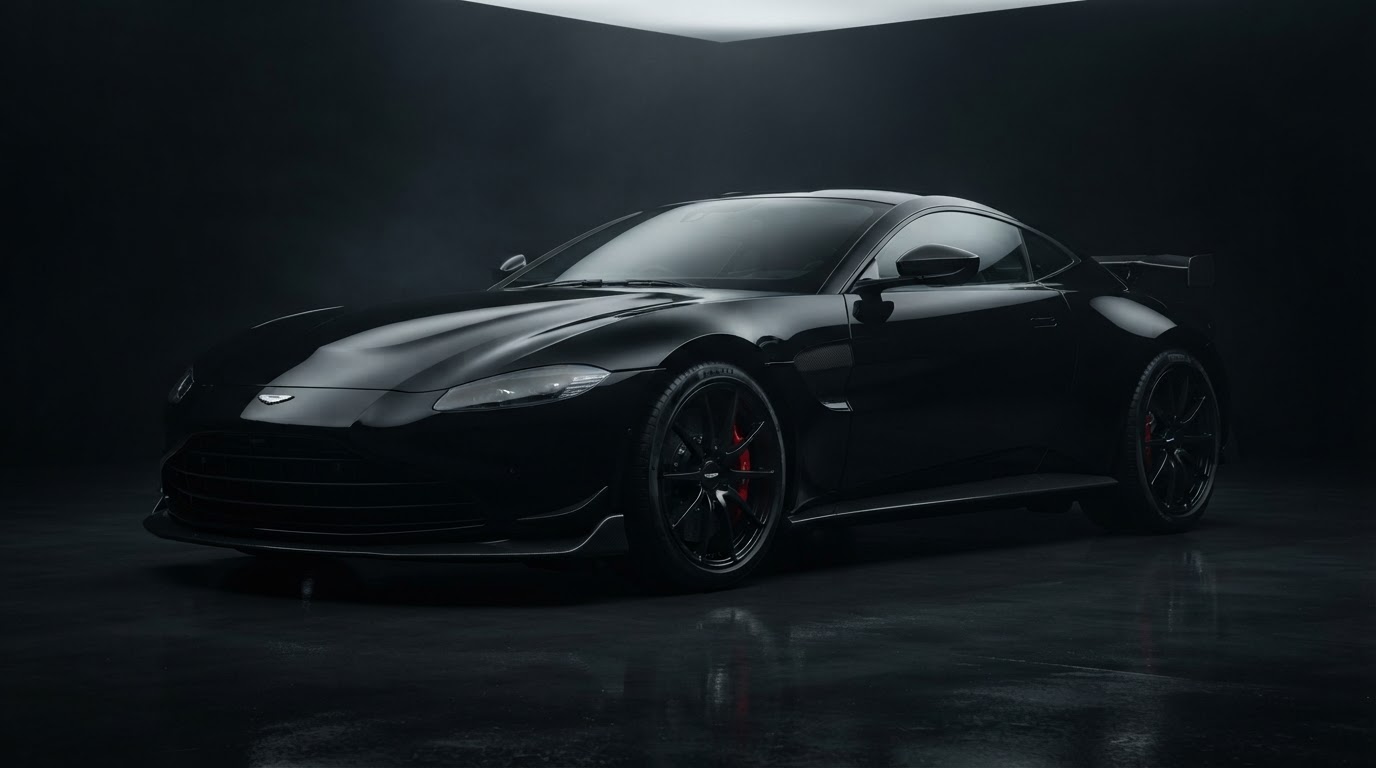 Black sports car in a dark studio