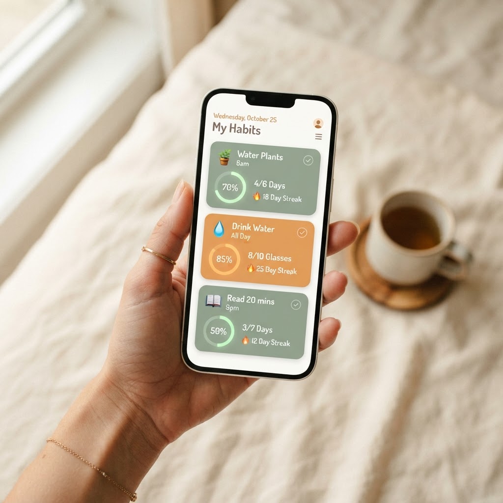 Twine habit tracker app on a smartphone showing daily habit cards with streak counts and checkmarks