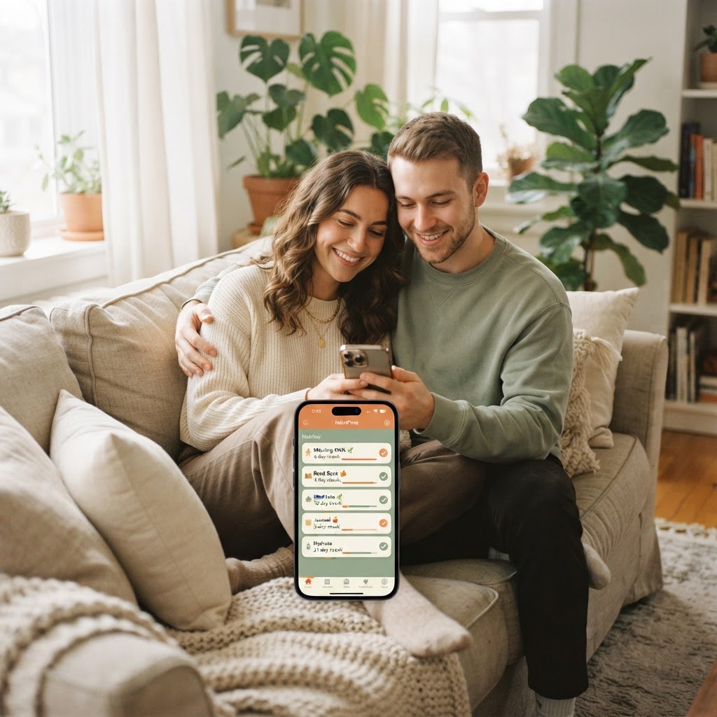 A couple sitting together on a couch using the Twine habit tracker app on their phone