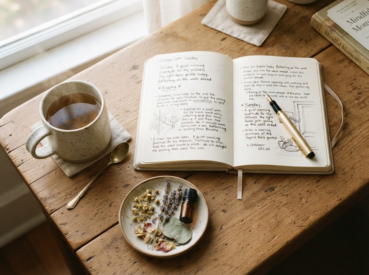 Ruhiges Morning-Ritual mit Journal und Tee