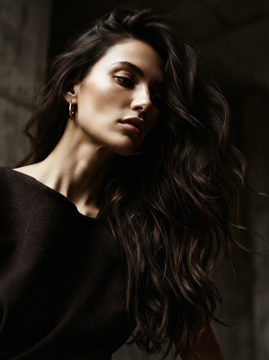 Luxurious flowing hair texture in chiaroscuro lighting