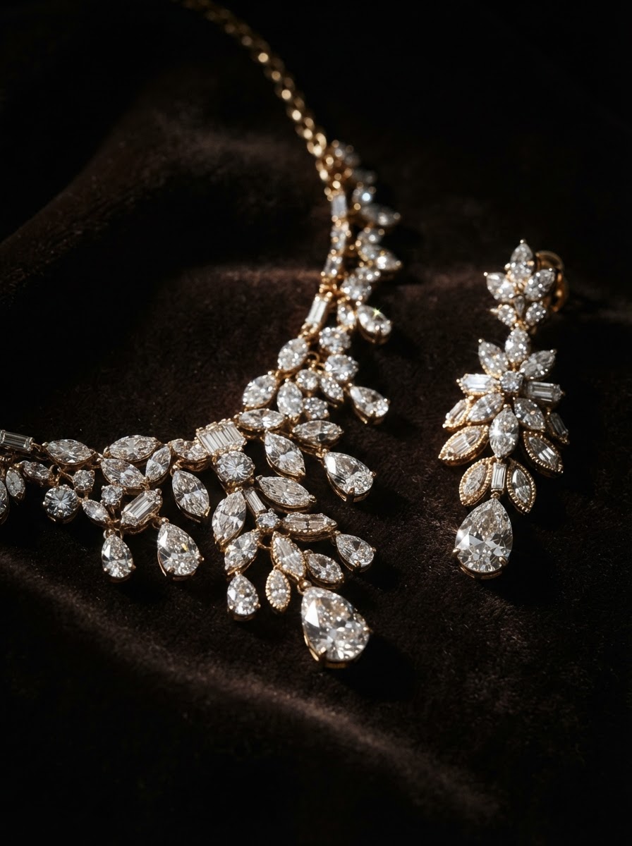 Fine gold and diamond jewelry on dark velvet