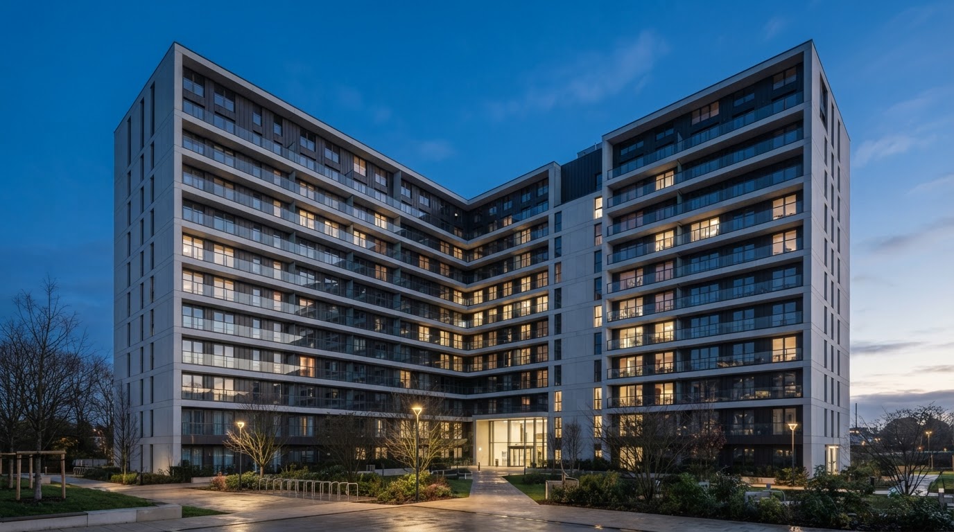 Contemporary multi-story housing association block at dawn