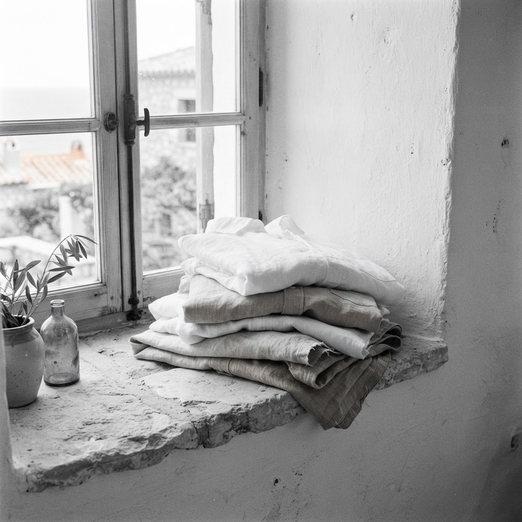 Folded lengths of linen resting on a window ledge