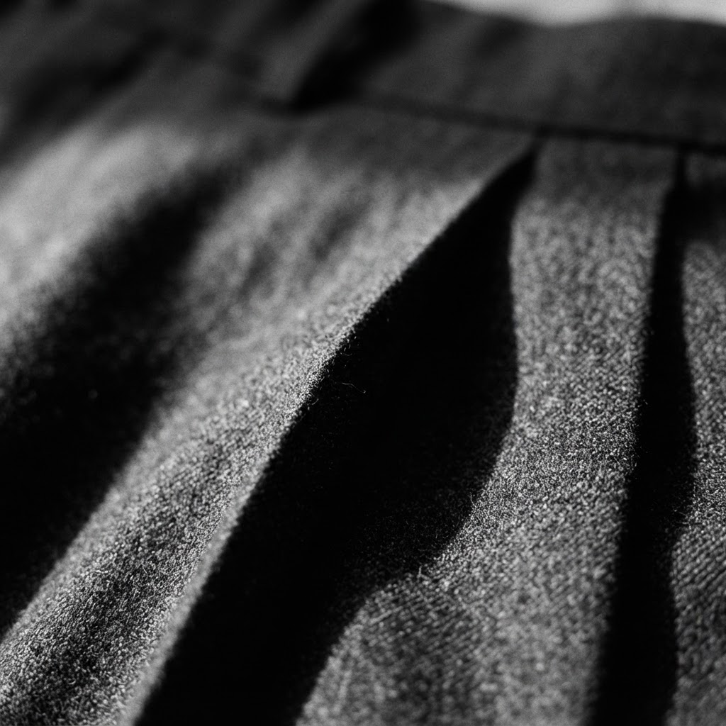 Trouser pleats falling from a waistband