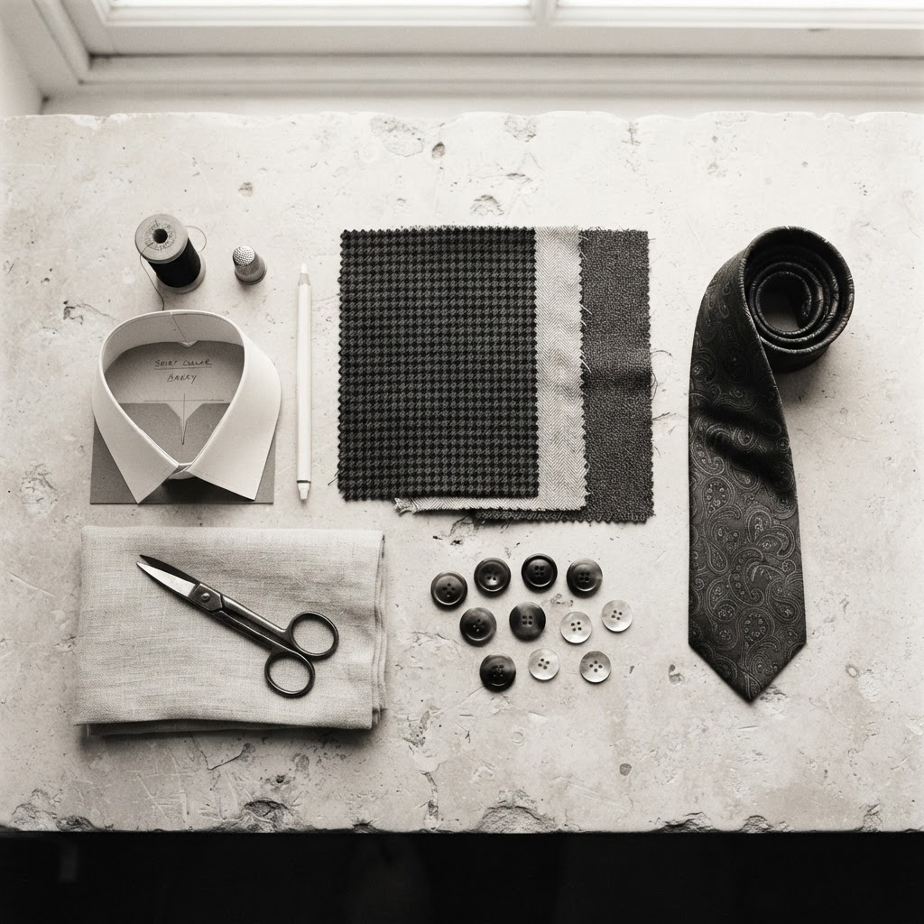 Swatches, shears, buttons and a tie laid out on a bench