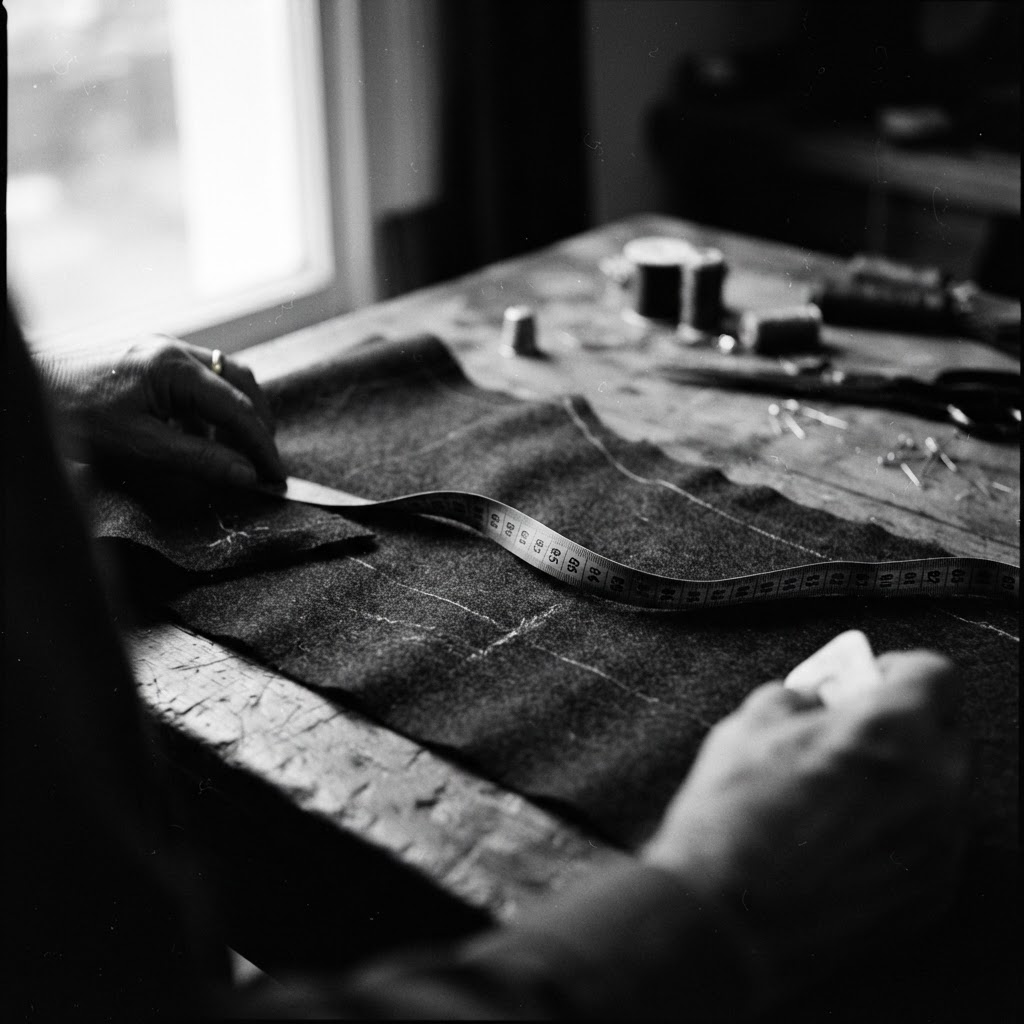 A measuring tape lying across cut cloth on the bench
