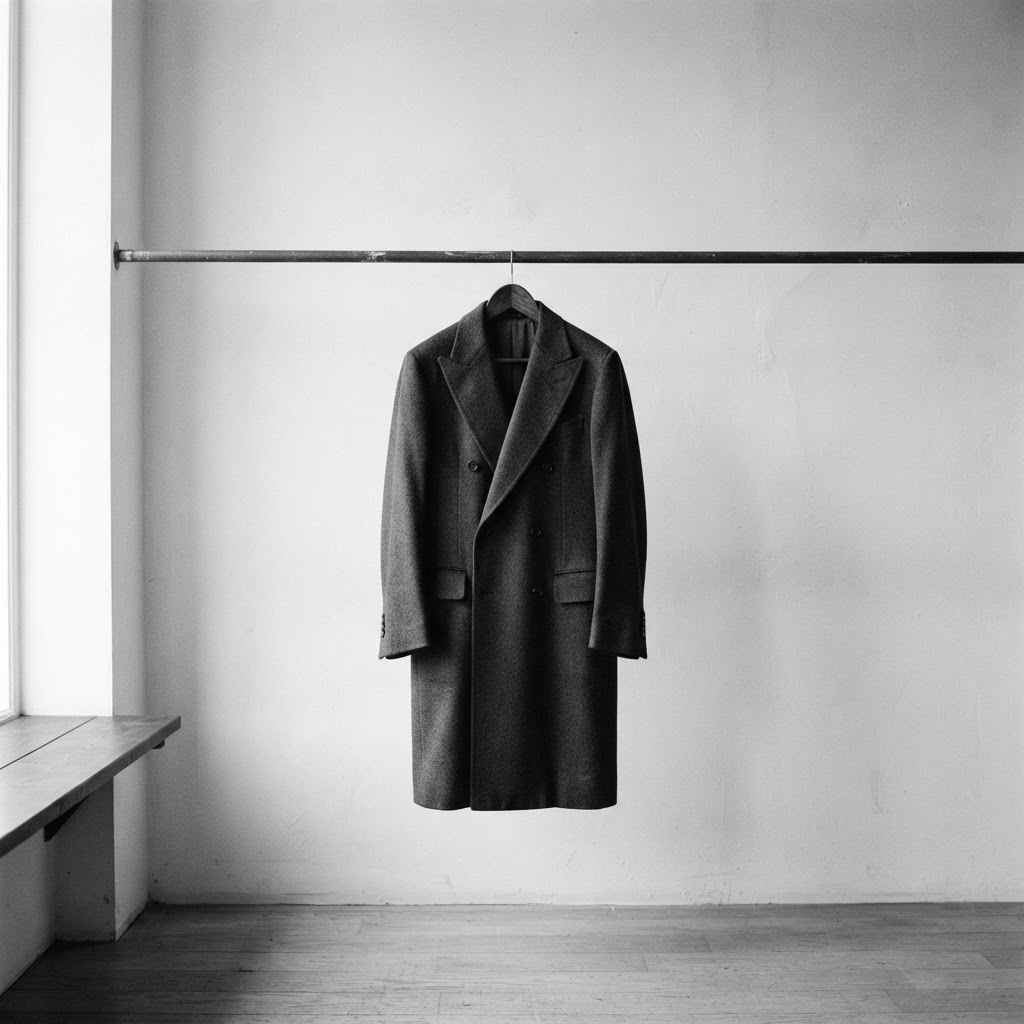 A single coat hanging on a rail against a plain wall