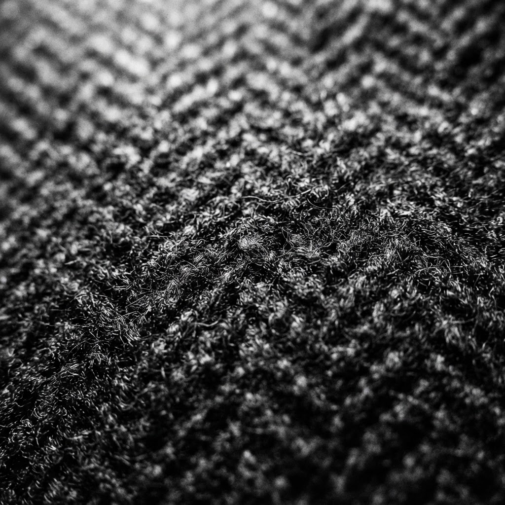 Macro photograph of a wool herringbone, the chevrons clearly visible