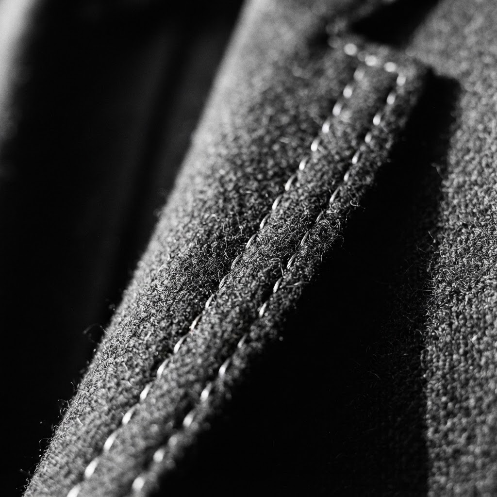 A pick-stitched jacket edge, the stitches visible against the cloth