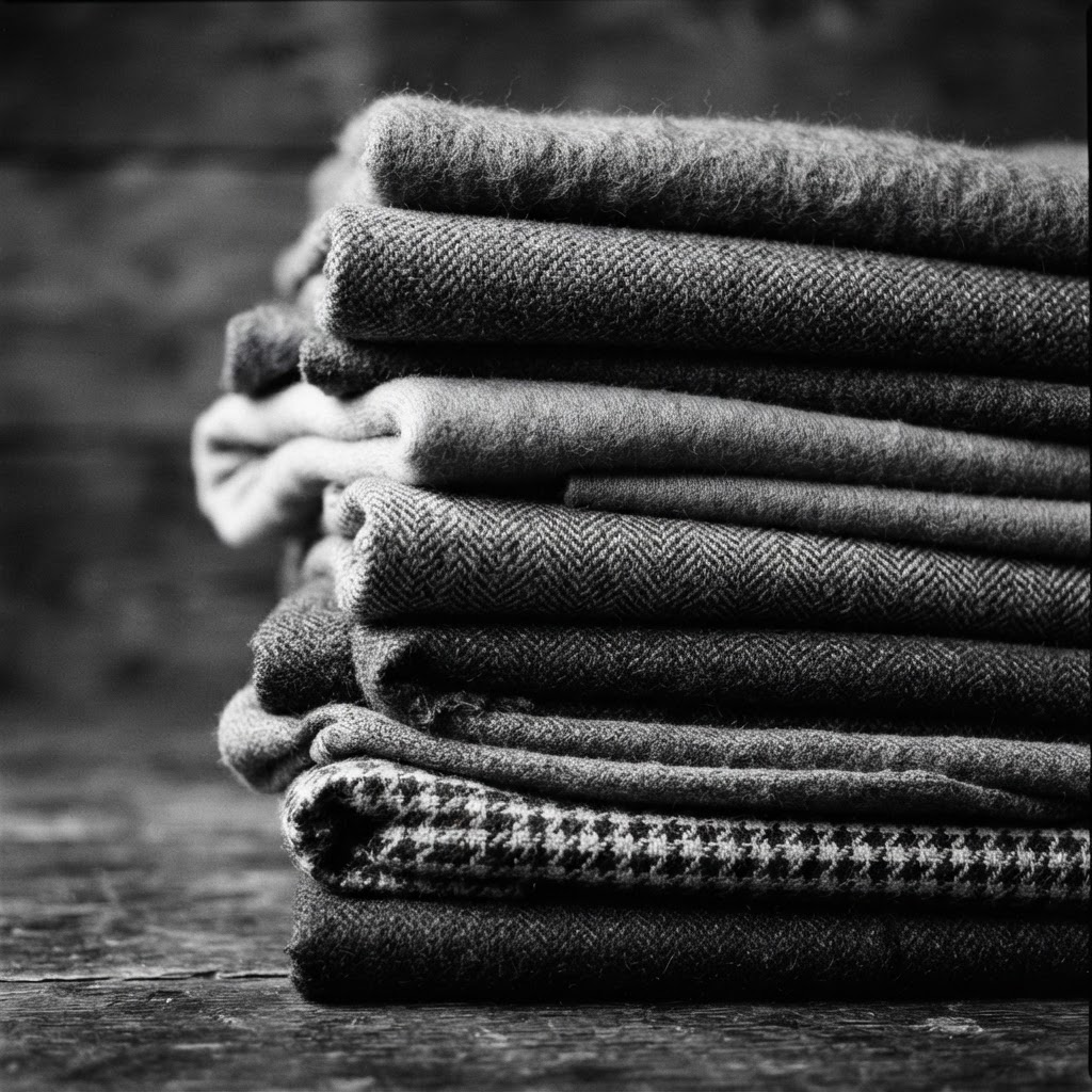 Folded lengths of wool cloth stacked on a bench