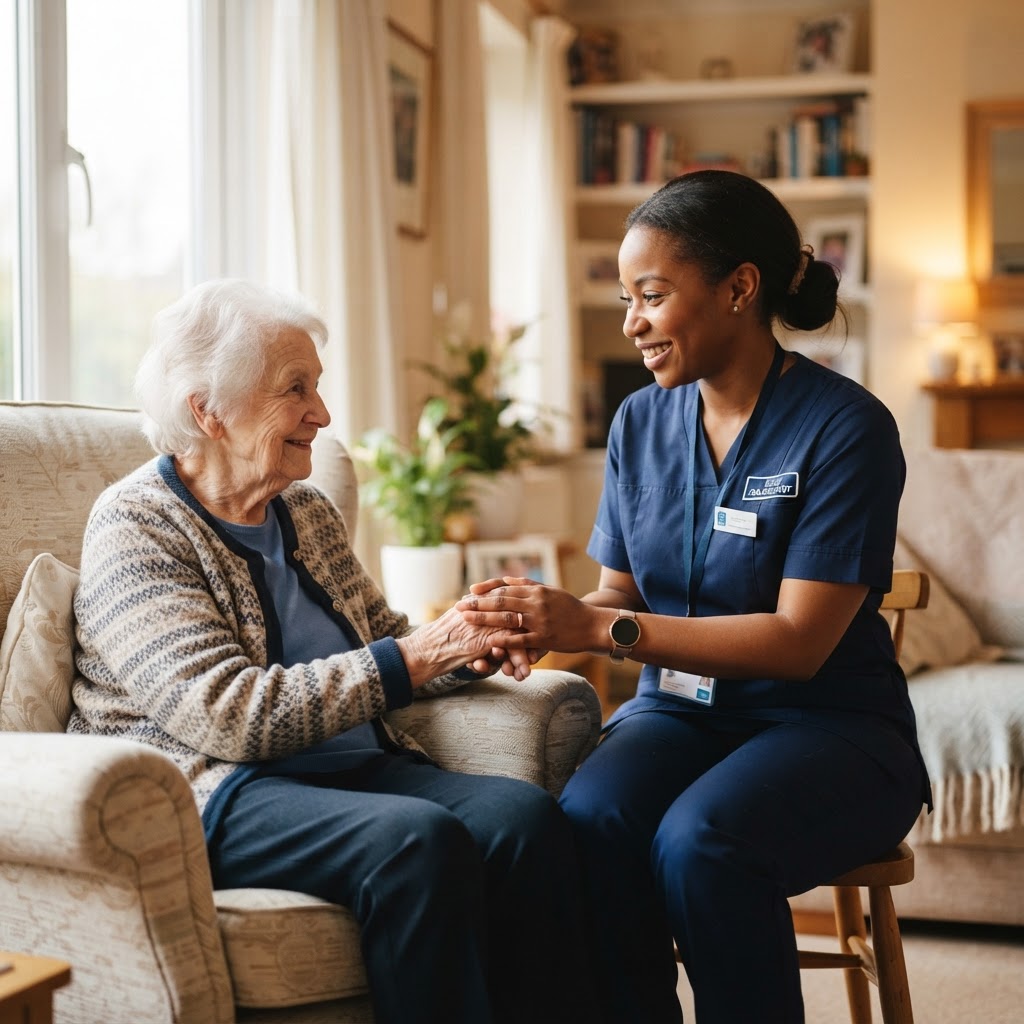 Professional caregiver interacting with an elderly woman