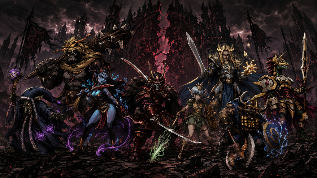 A towering ancient obsidian gate cracked with glowing red energy, with a dark Warlord silhouetted against a crimson eclipse