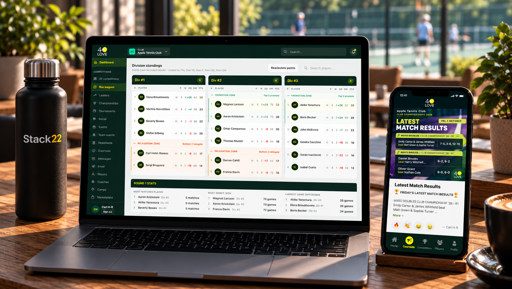 40LOVE tennis club management app shown on a laptop and phone