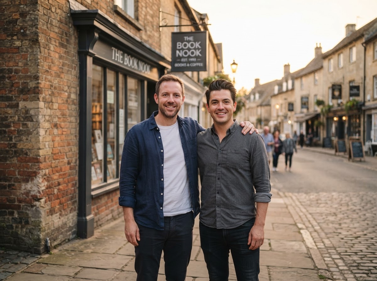 Stack22 founders standing outside a local business