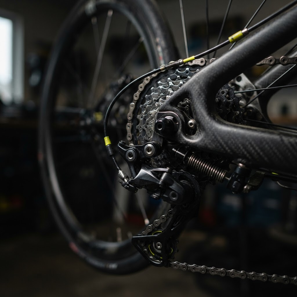 Detalle de engranajes de bicicleta adaptada de carbono
