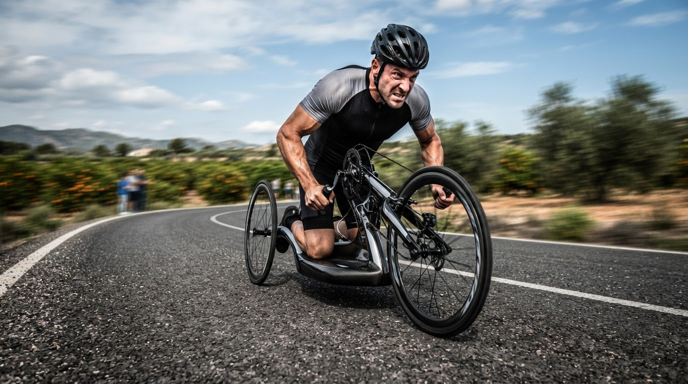 Ciclista adaptado en acción a alta velocidad