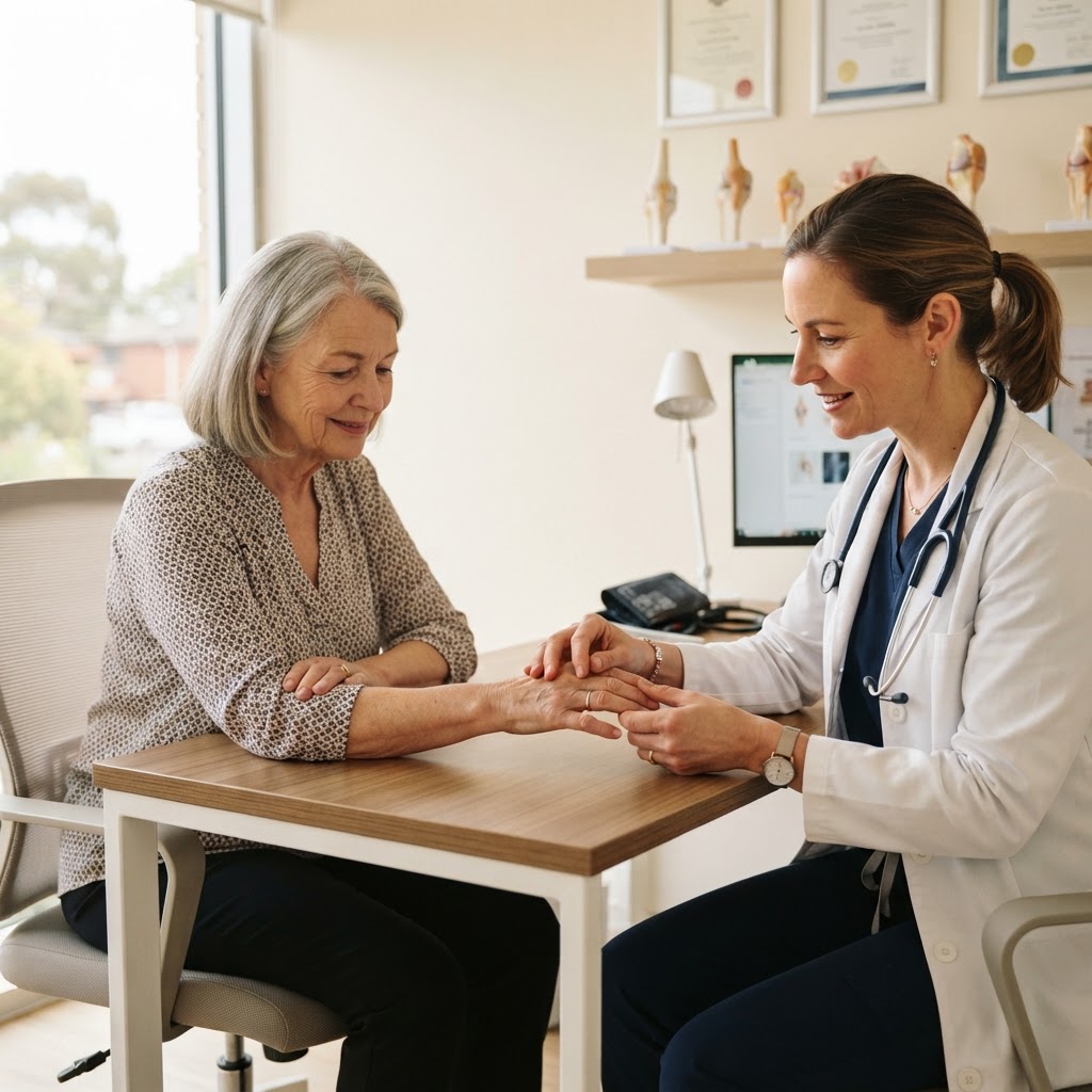A rheumatologist examining a patient's hand and wrist joints during a consultation