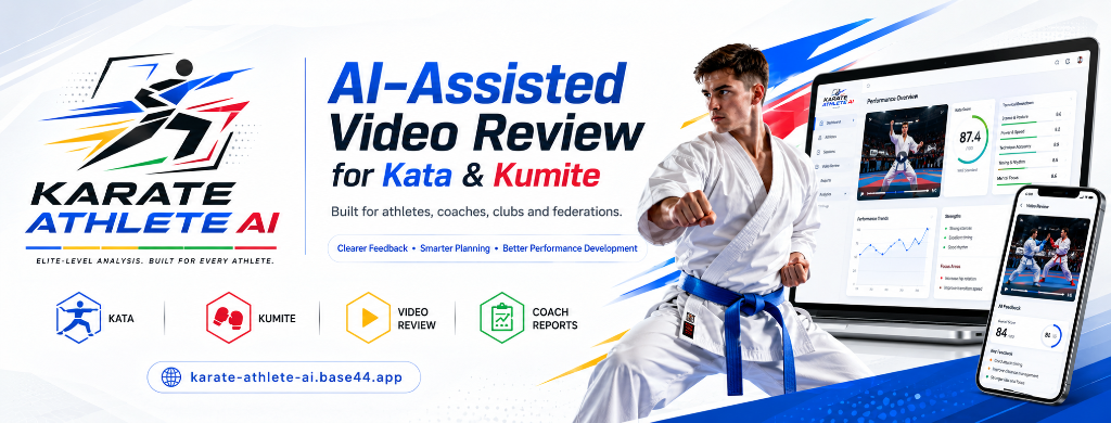 AI-assisted video review for kata and kumite — app preview on laptop and phone