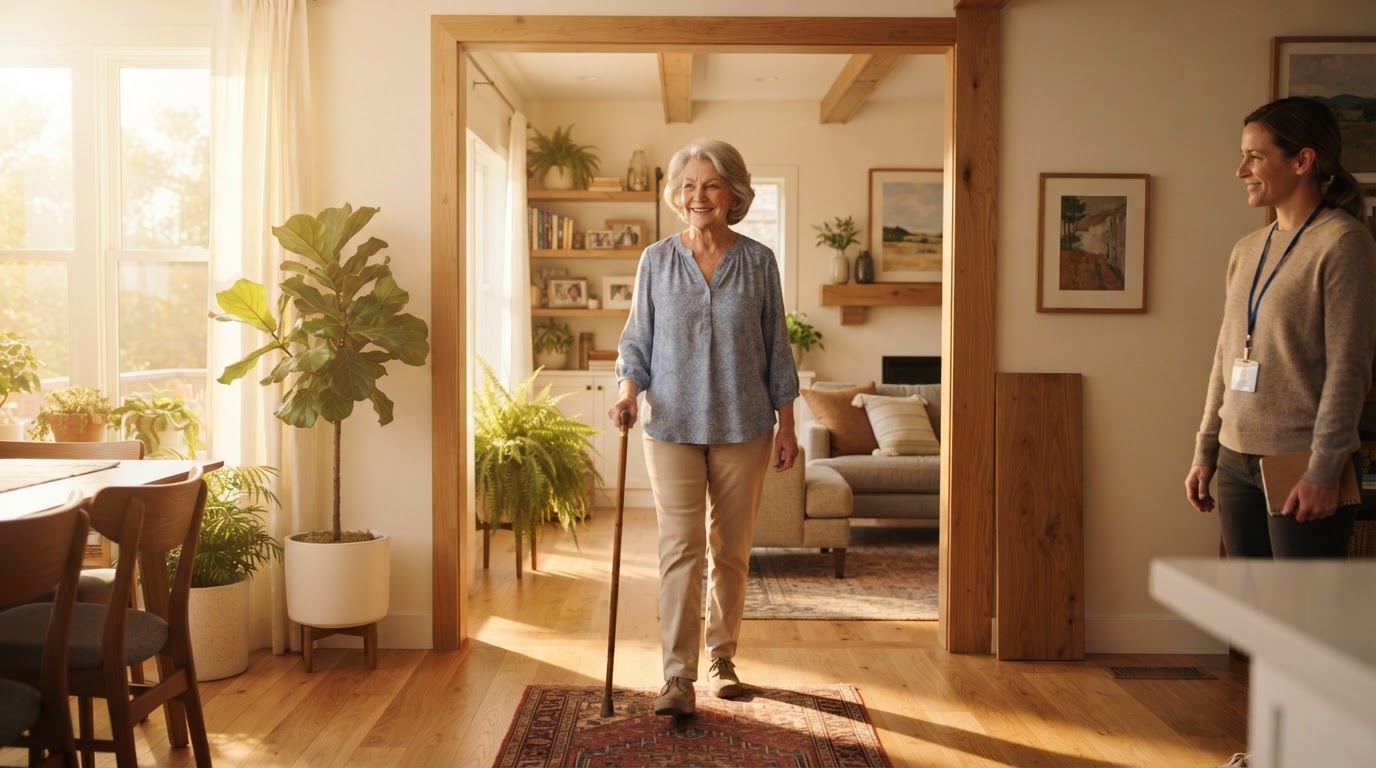 Elderly adult moving confidently through home setting