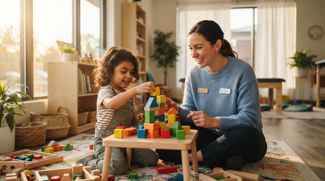 Occupational therapist working with a child on developmental activities in a bright, welcoming clinic