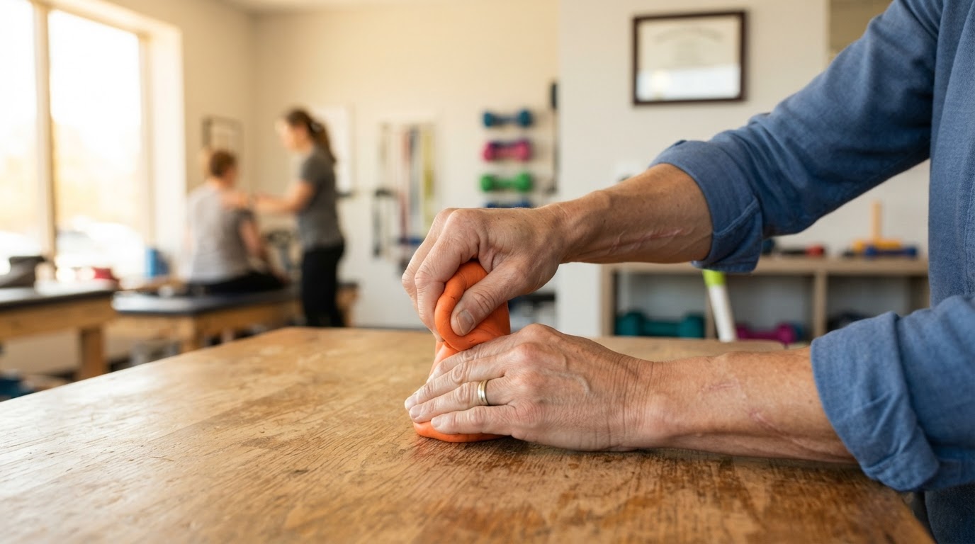 Workers' compensation rehabilitation therapy — hands performing fine motor rehabilitation exercise