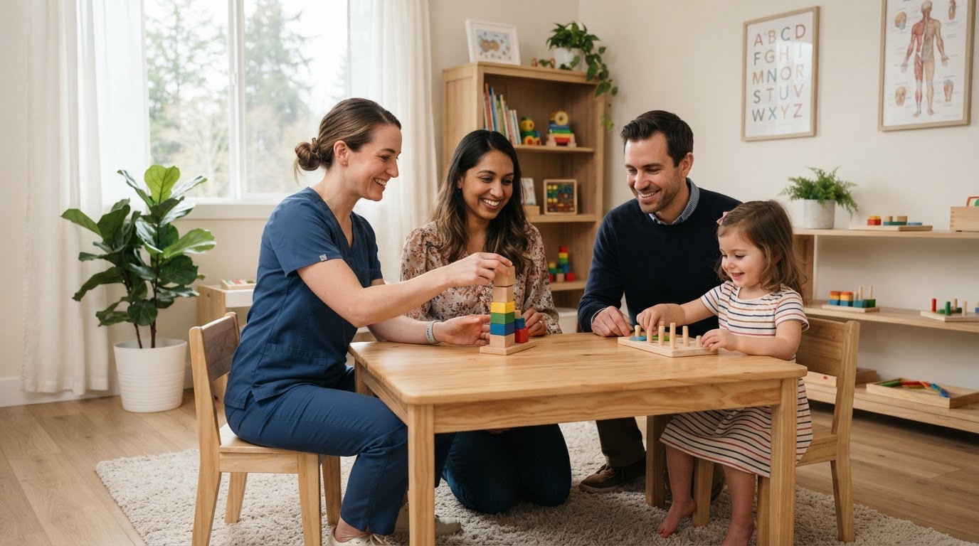 A family engaging with an occupational therapist during a therapy session