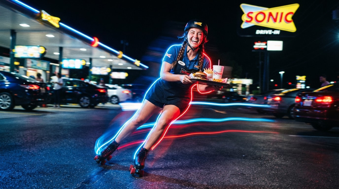 Sonic Drive-In car-hop in motion under neon lights