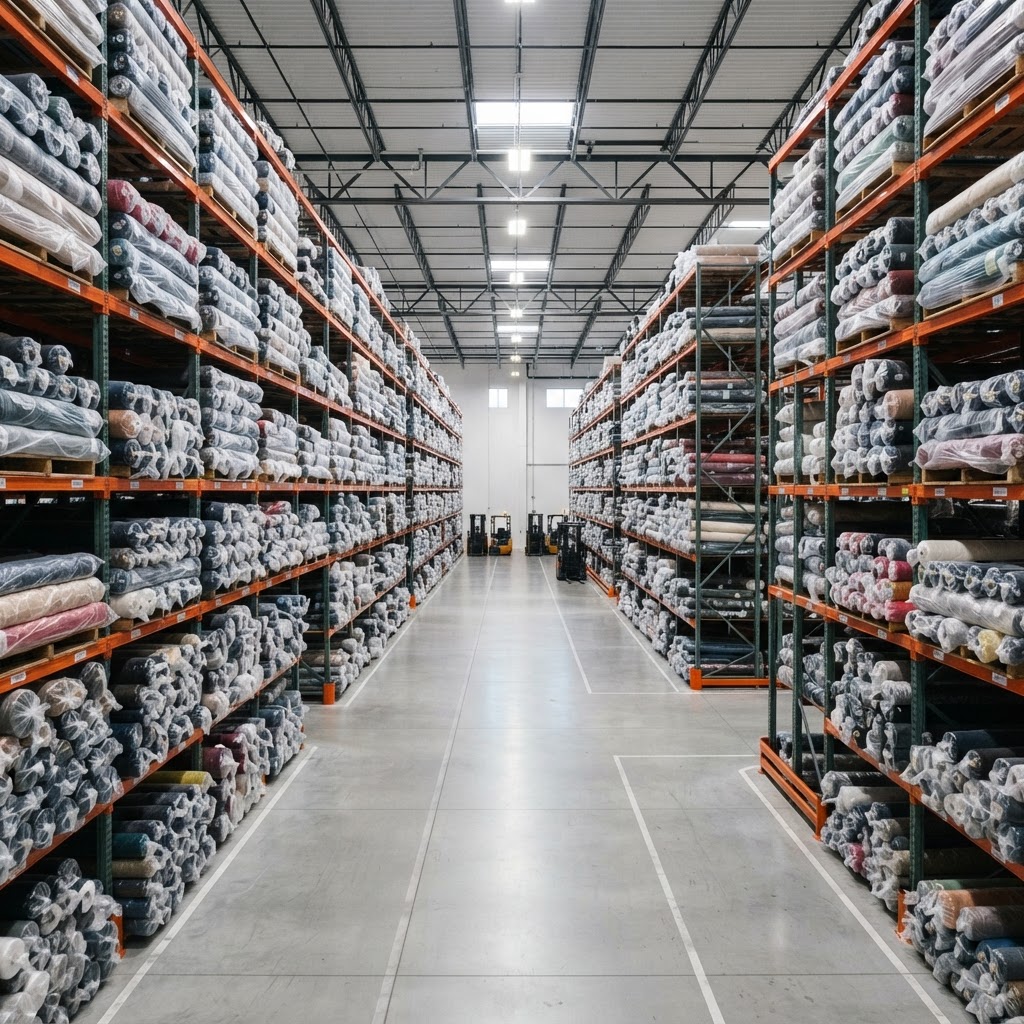 Large textile warehouse with tall racks full of wrapped fabric rolls