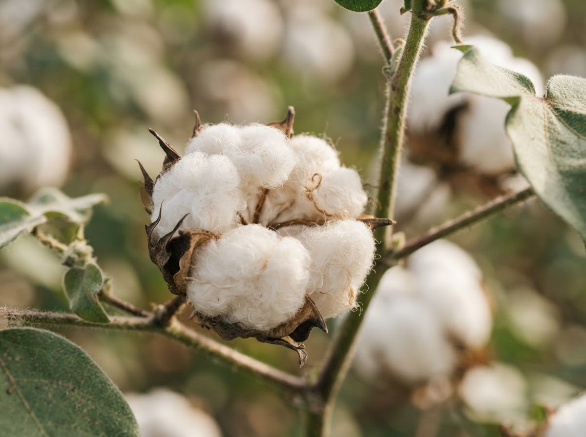 Pristine white raw cotton bolls on the plant