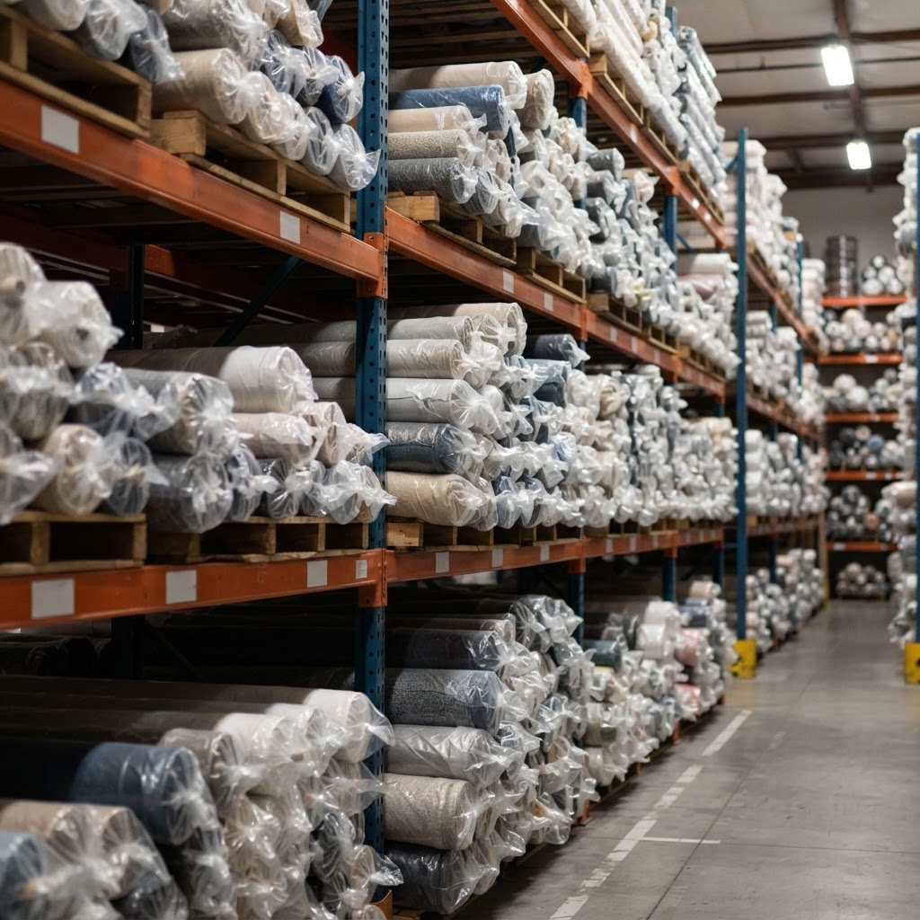 Close-up of warehouse racks full of wrapped fabric rolls