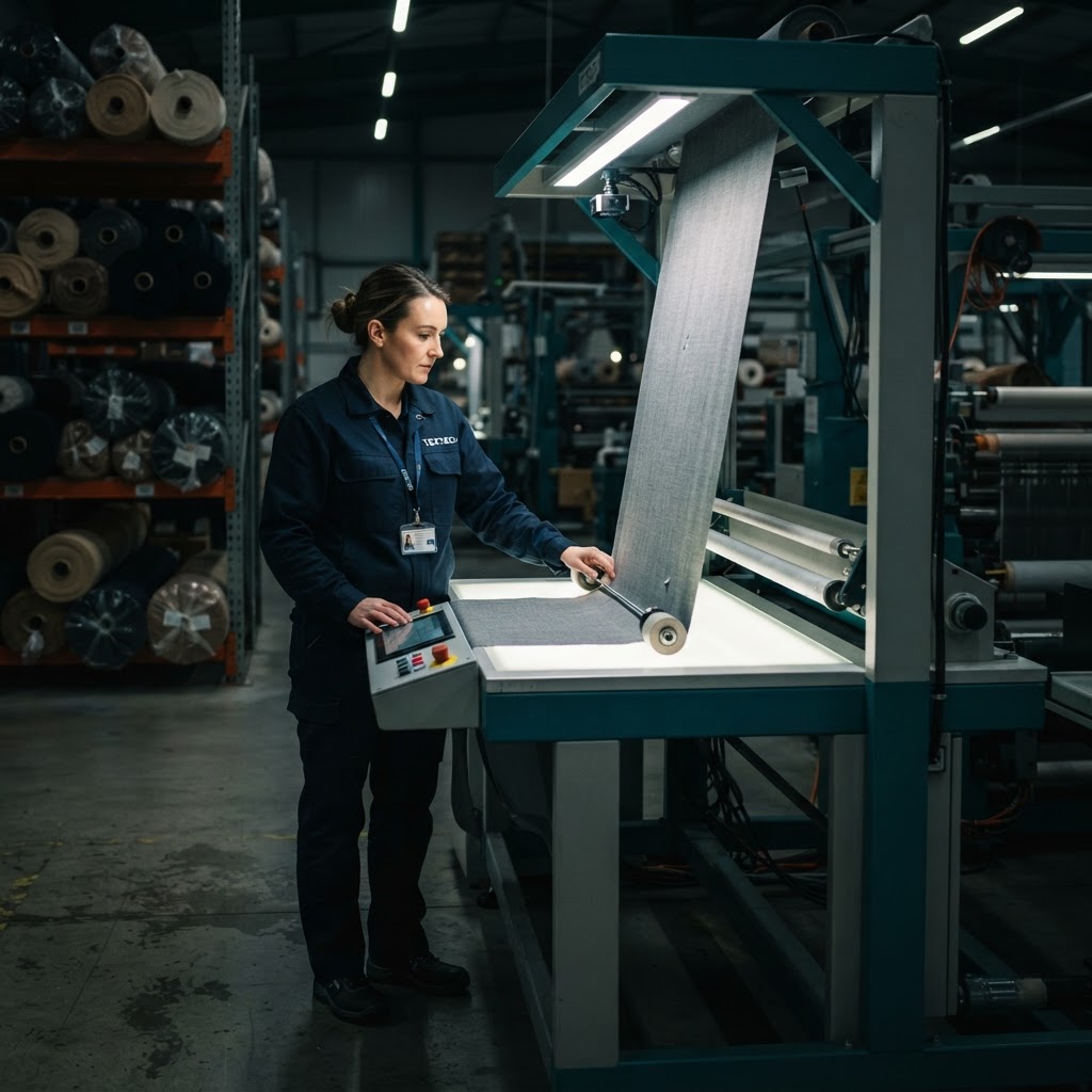 Worker operating a fabric inspection and rolling machine