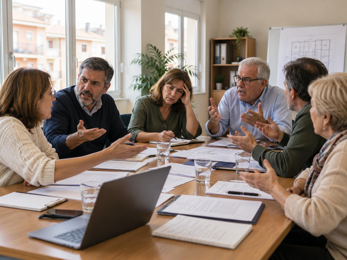 Reunión de propietarios tensa alrededor de una mesa con documentos