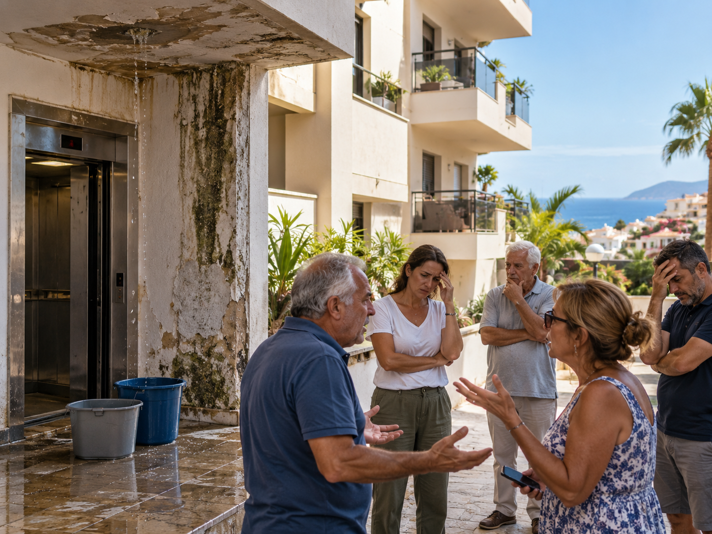 Vecinos observando una fuga de agua sin resolver en la zona común de su edificio