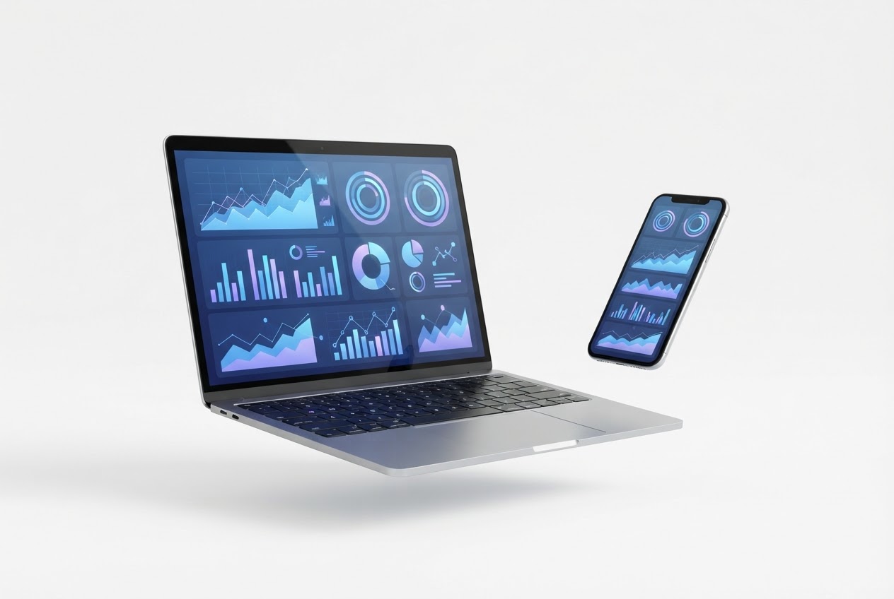 Device mockups with dashboard interfaces