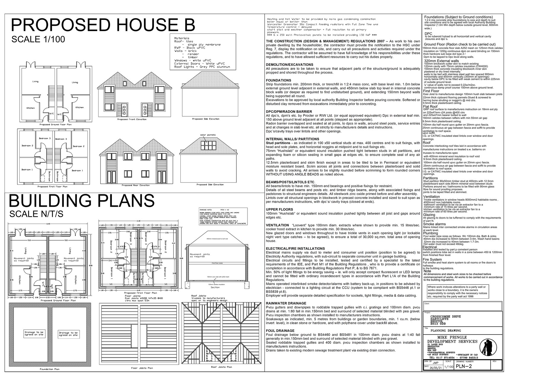 Building plans — foundation, floor joists and roof