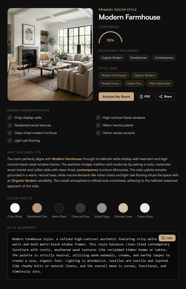 Modern Farmhouse example style report from Decor Style Inspector